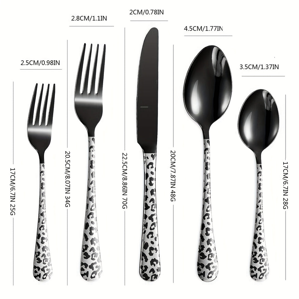 Personalized Black Leopard Print Tableware Set - Stainless Steel Spoon, Fork, Knife - Mirror Polished, Durable, Ideal for Home Kitchen, Holiday Dining | Stylish Cutlery | Durable Utensils, Spoo