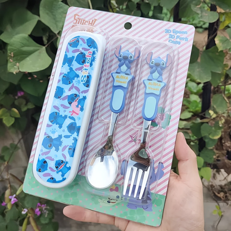 Disney Set of 3 Stitch Stainless Steel Fork And Spoon in a Box, Salad fork, soup spoon, Covered cutlery storage box, Portable And Reusable Cutlery, Cute Supplies for Home And Outdoor, Perfect for Christmas Or Birthday Gifts.