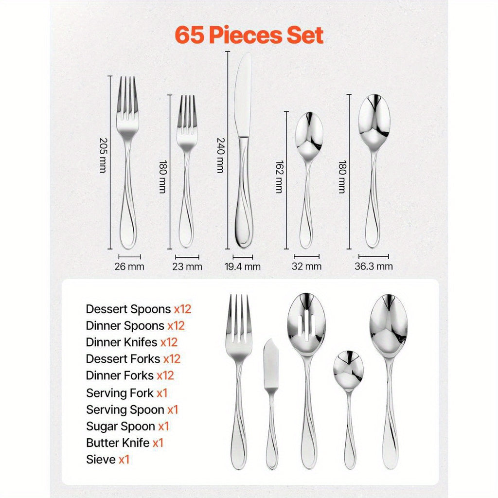65Pie Silveryware Set Stainless Steel Cutlery Flatware Utensil Kitchen for 12