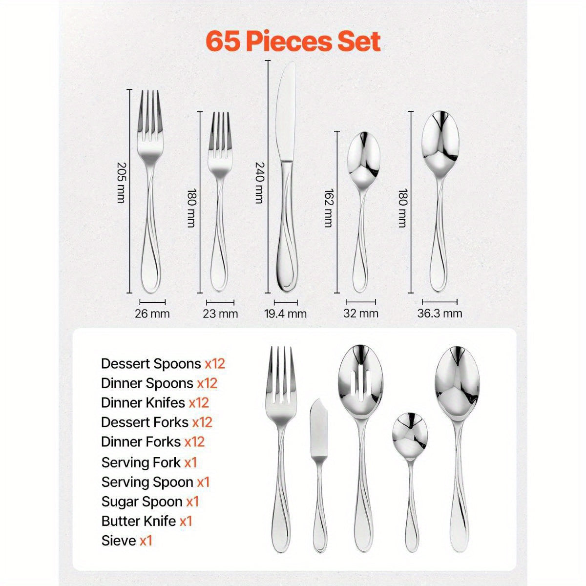 65Pie Silveryware Set Stainless Steel Cutlery Flatware Utensil Kitchen for 12