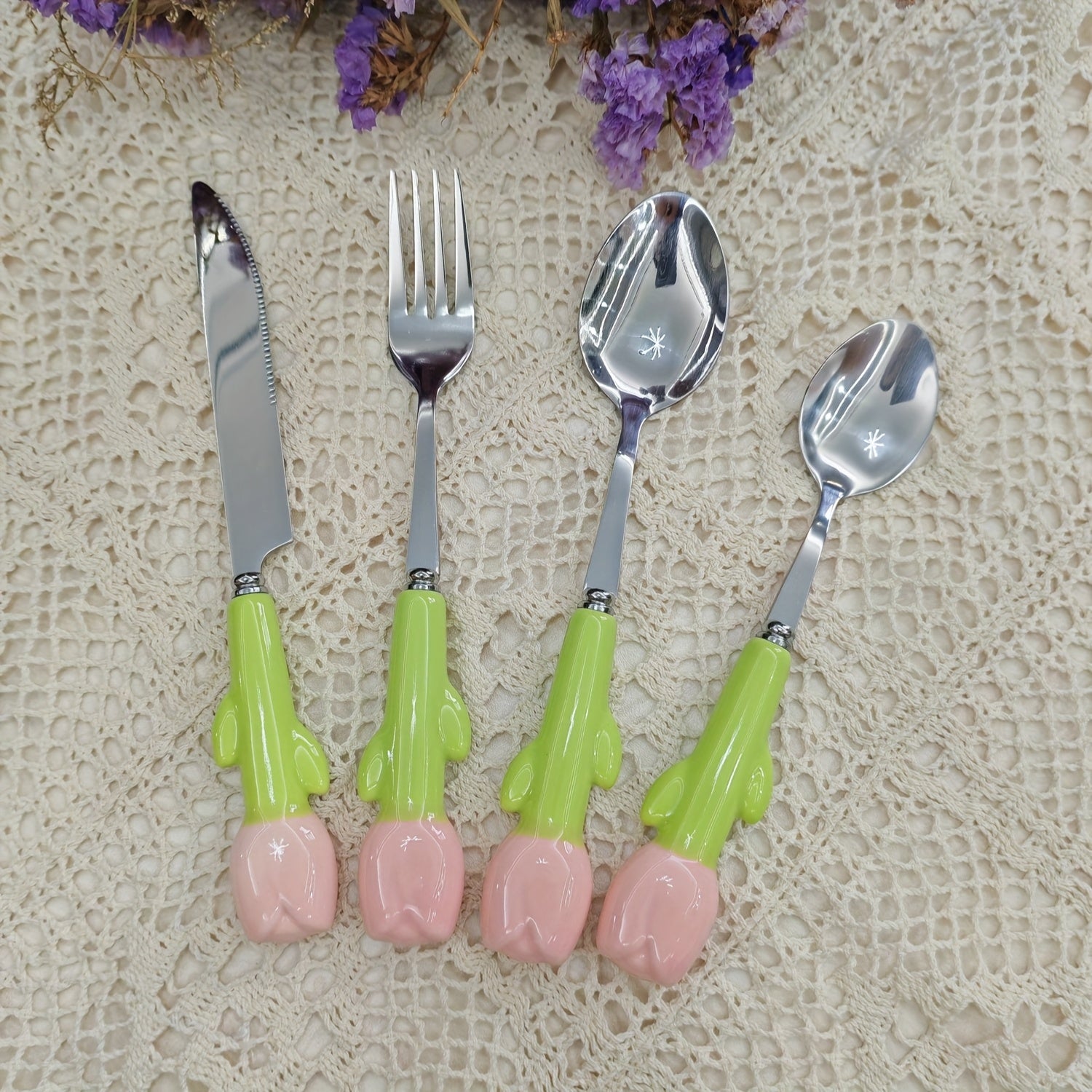 24pcs Unique Ceramic Handle Steak Knife, Dessert Spoon, Fork, and Spoon Tableware Set - Creative Kitchen Tools and Accessories Including Knife, Fork, and Spoon - Very Cute, Suitable for Daily Family Dining, Birthday Parties, and Festival Parties