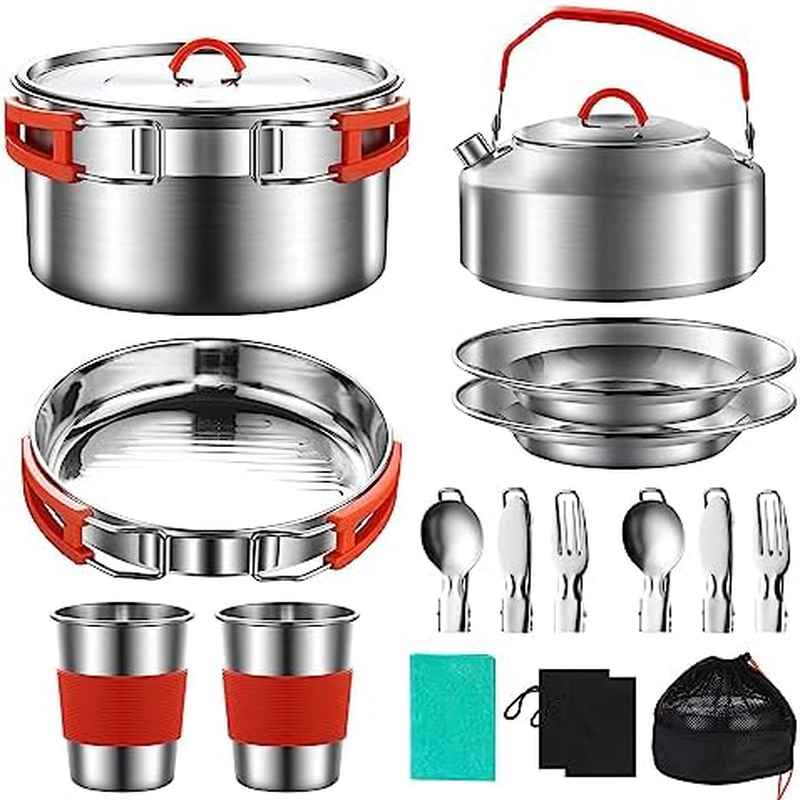 304 Stainless Steel Camping Cookware Set for 2 People - Complete Mess Kit with Pots, Pans, Kettle, Plates, Forks, Knives & Spoons | Lightweight & Durable Outdoor Cookware with Sturdy Carry Bag | Rust-Resistant, Even Heat Distribution for Camping, Picnic,