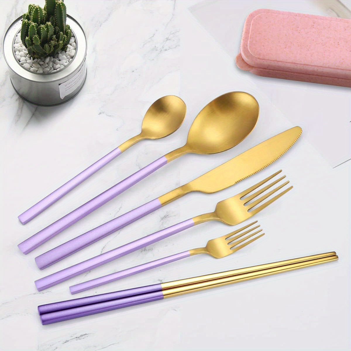 AARainbow 8pcs Stainless Steel Flatware Set Portable Reusable Cutlery Set Travel Utensils Set Including Chopsticks Knife Fork Spoon Straws Cleaning Brush Dishwasher Safe ( B- Purple Golden)