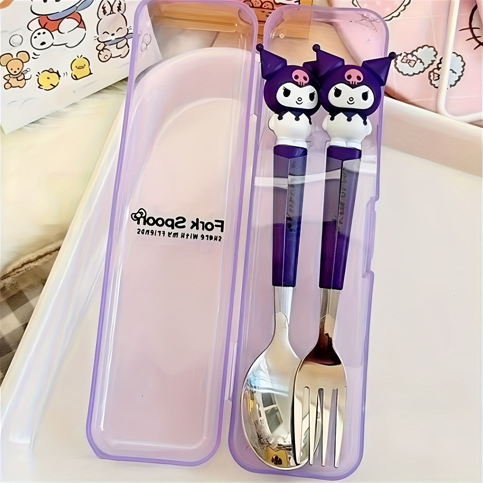 () Sanrio Cute Black Cat Maruko-chan and Hello Kitty Cartoon Spoon and Fork Set: Stainless Steel Kitchenware, 2pcs Set, Suitable for Restaurants and Food Trucks