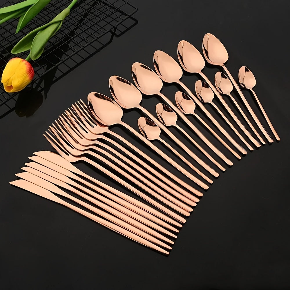 24pcs Stainless Steel Cutlery Set - Elegant White & Golden Finish, Polished Tableware for Christmas, Thanksgiving, Easter, Halloween, Hanukkah, Everyday Dining Essentials, Everyday Cutlery | Elegant Cutlery Set | Durable Cutlery