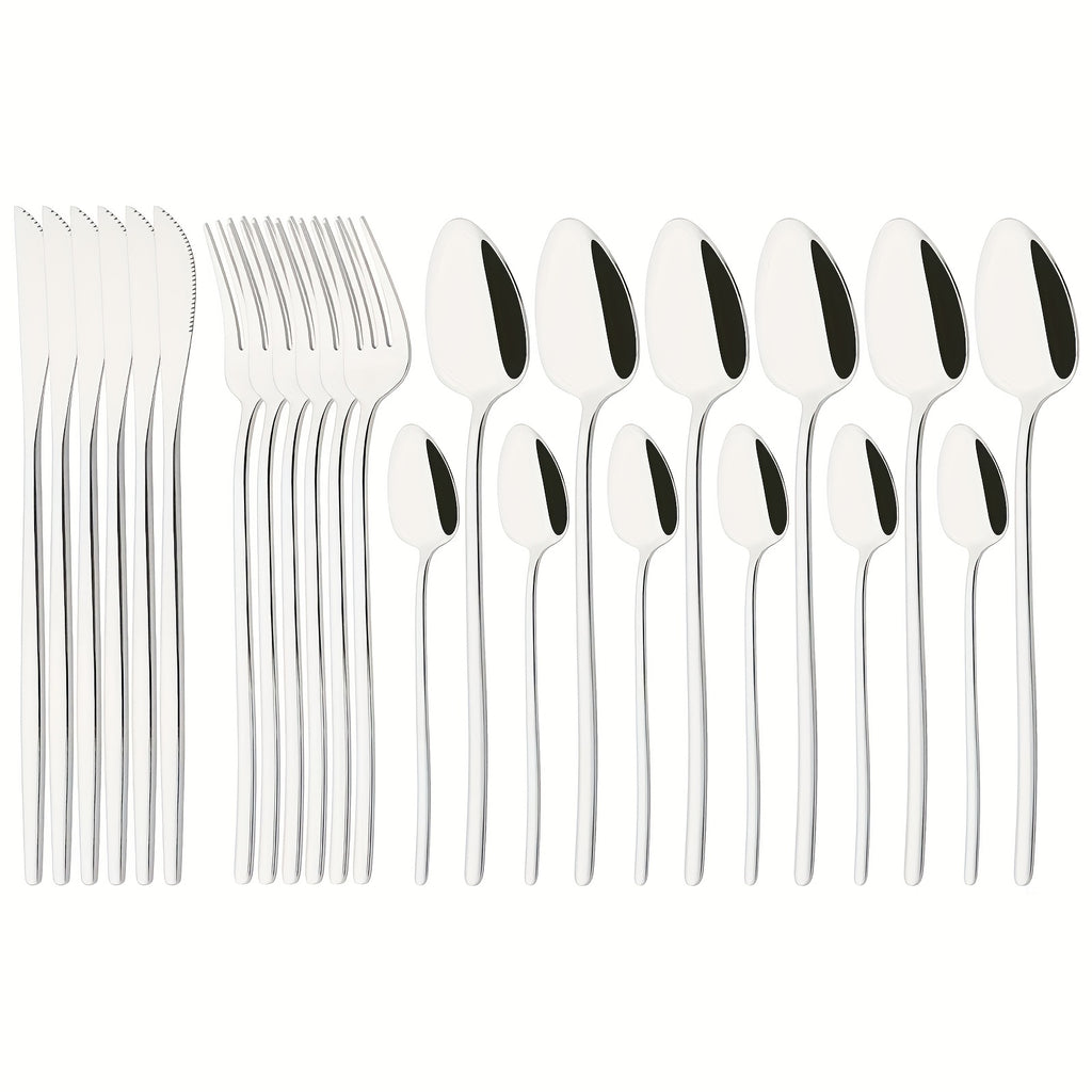 24pcs Stainless Steel Cutlery Set - Elegant White & Golden Finish, Polished Tableware for Christmas, Thanksgiving, Easter, Halloween, Hanukkah, Everyday Dining Essentials, Everyday Cutlery | Elegant Cutlery Set | Durable Cutlery