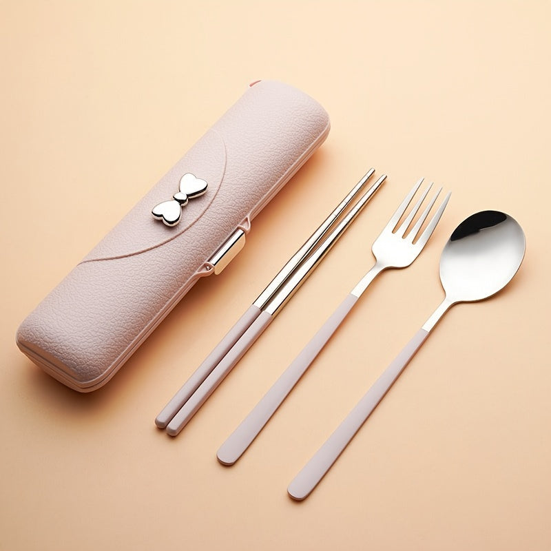 A Set of Bow Tie Portable Cutlery - 3pcs Stainless Steel Utensils with Plastic Handles, Including Spoon, Fork, Chopsticks, And Storage Box - An Attractive Travel Cutlery Set.