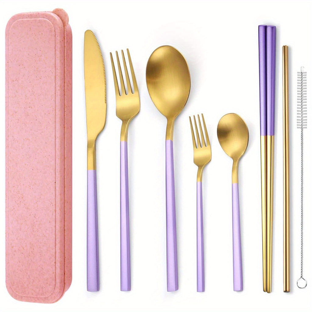 AARainbow 8pcs Stainless Steel Flatware Set Portable Reusable Cutlery Set Travel Utensils Set Including Chopsticks Knife Fork Spoon Straws Cleaning Brush Dishwasher Safe ( B- Purple Golden)