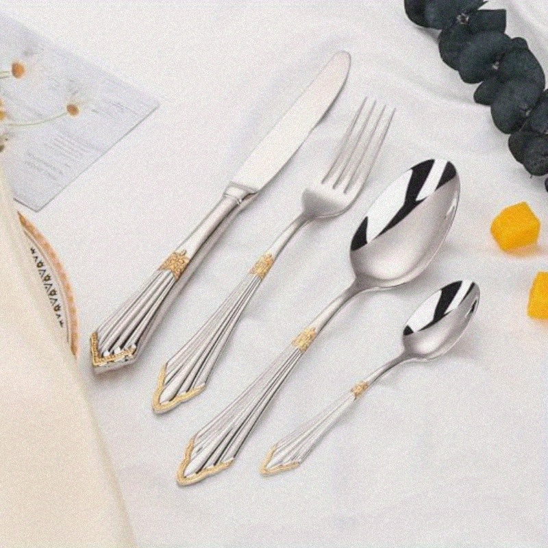 24pcs Luxury Flatware Set in Silvery Color with Golden Accents Premium 304 Stainless Steel Flatware Cutlery and Tableware. Serving 6.