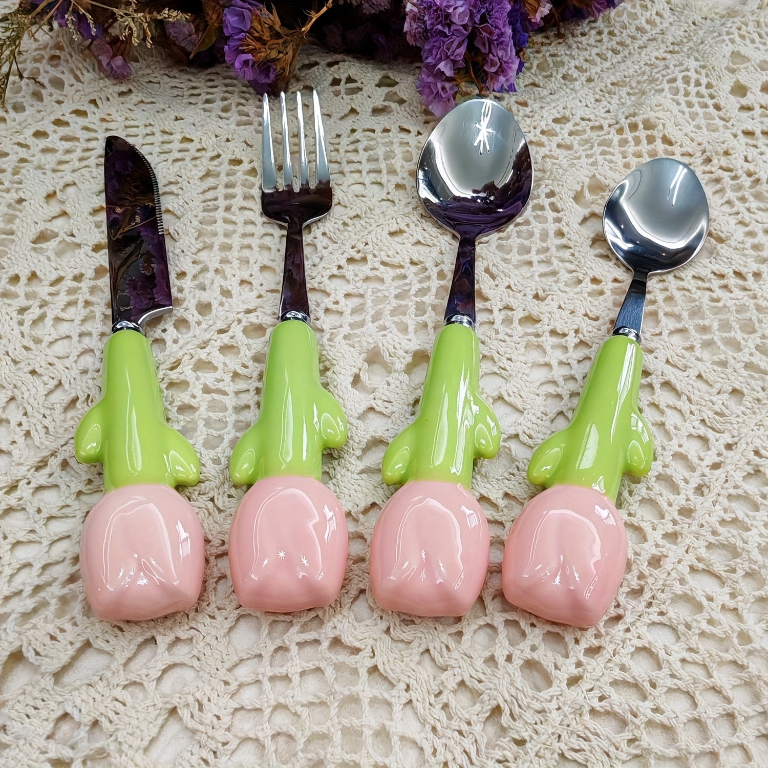 24pcs Unique Ceramic Handle Steak Knife, Dessert Spoon, Fork, and Spoon Tableware Set - Creative Kitchen Tools and Accessories Including Knife, Fork, and Spoon - Very Cute, Suitable for Daily Family Dining, Birthday Parties, and Festival Parties