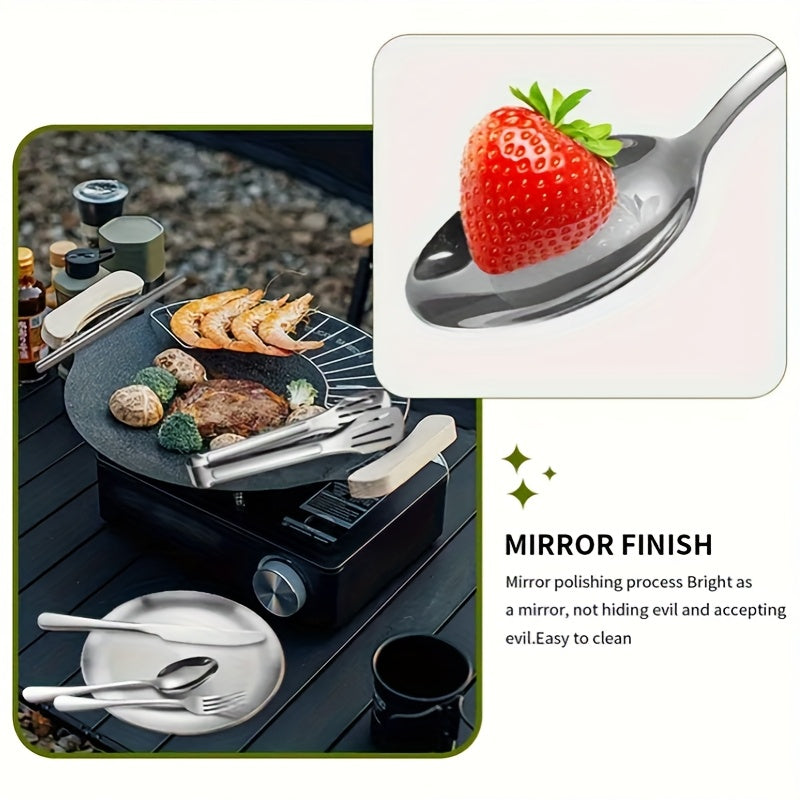 Outdoor Camping Tableware Set with Box, 16pcs Stainless Steel Utensils Including Dinner Knife, Forks, Plates, Soup Spoon, Bottle Opener, Coffee Spoon, Tongs and Storage Bag, Reusable and Dishwasher Safe, Suitable for Outdoor Travel, Picnic Camping, Party
