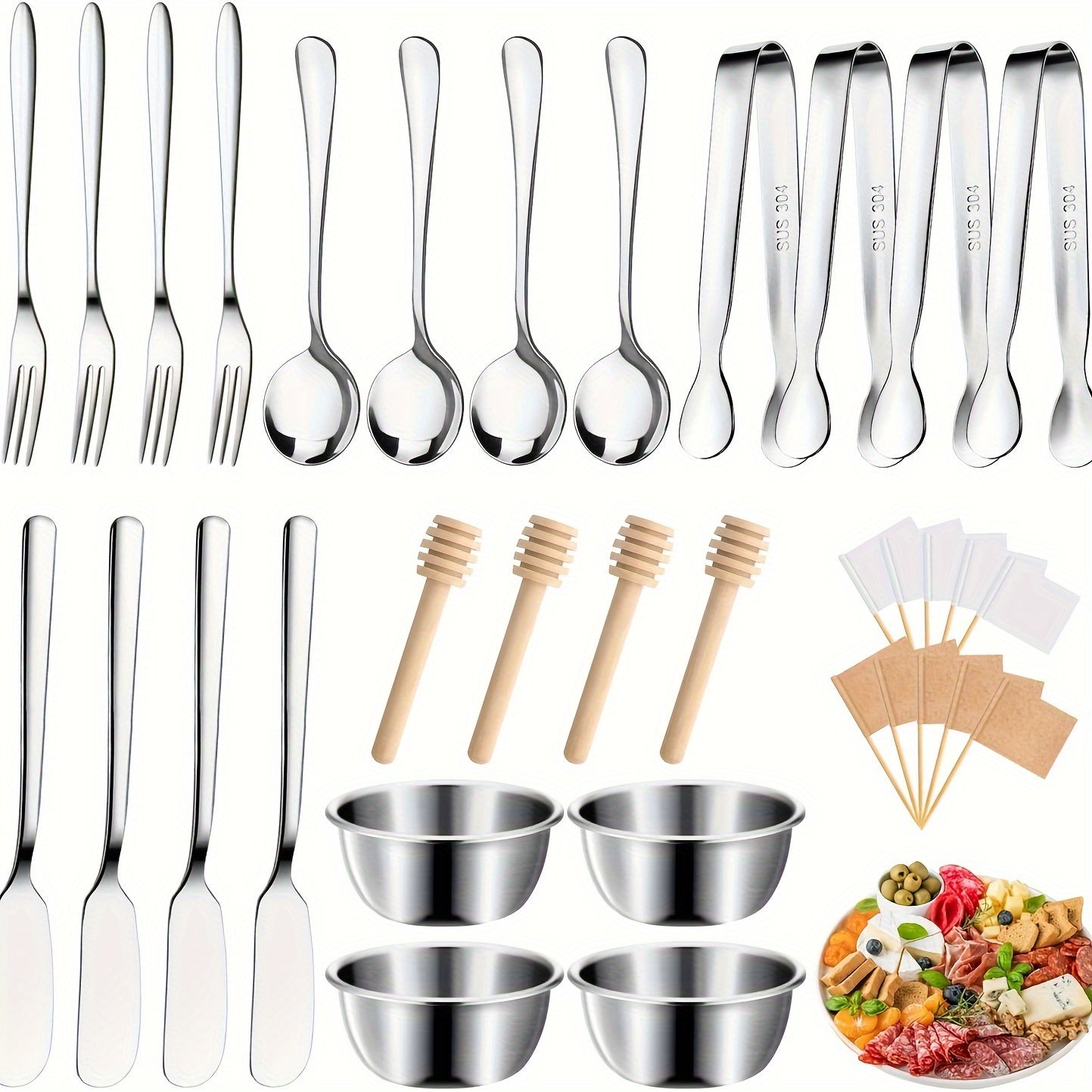 Stainless Steel Knife, Fork, And Spoon Set, Cheese And Butter Spreading Knife Set, With Cutting Board, Fork, Spoon, Cutlery, Toothpicks, And Flags, Suitable For Outdoor Gatherings And Pastry Making