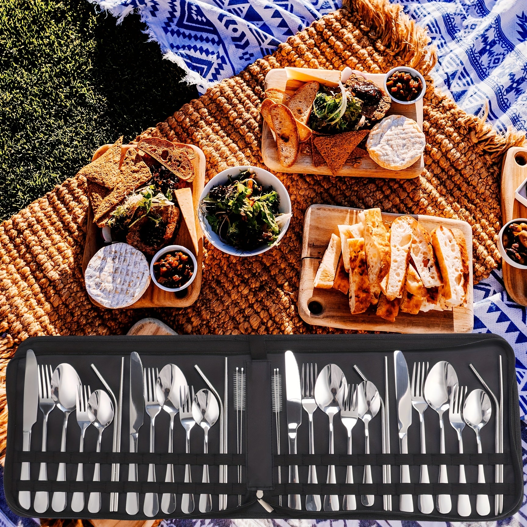 32pcs Summer Outdoor Portable Stainless Steel Outdoor Tableware Set, Includes Knife, Fork, Spoon, Straw and Cleaning Brush, Large Portable Bag. Reusable, Lightweight and Convenient, Suitable for Outdoor Picnics, Camping Gatherings, Travel, Gifts for Peopl
