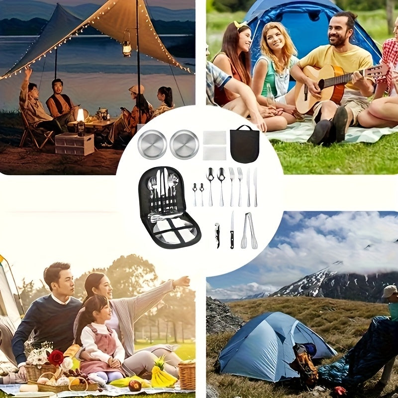 Outdoor Camping Tableware Set with Box, 16pcs Stainless Steel Utensils Including Dinner Knife, Forks, Plates, Soup Spoon, Bottle Opener, Coffee Spoon, Tongs and Storage Bag, Reusable and Dishwasher Safe, Suitable for Outdoor Travel, Picnic Camping, Party