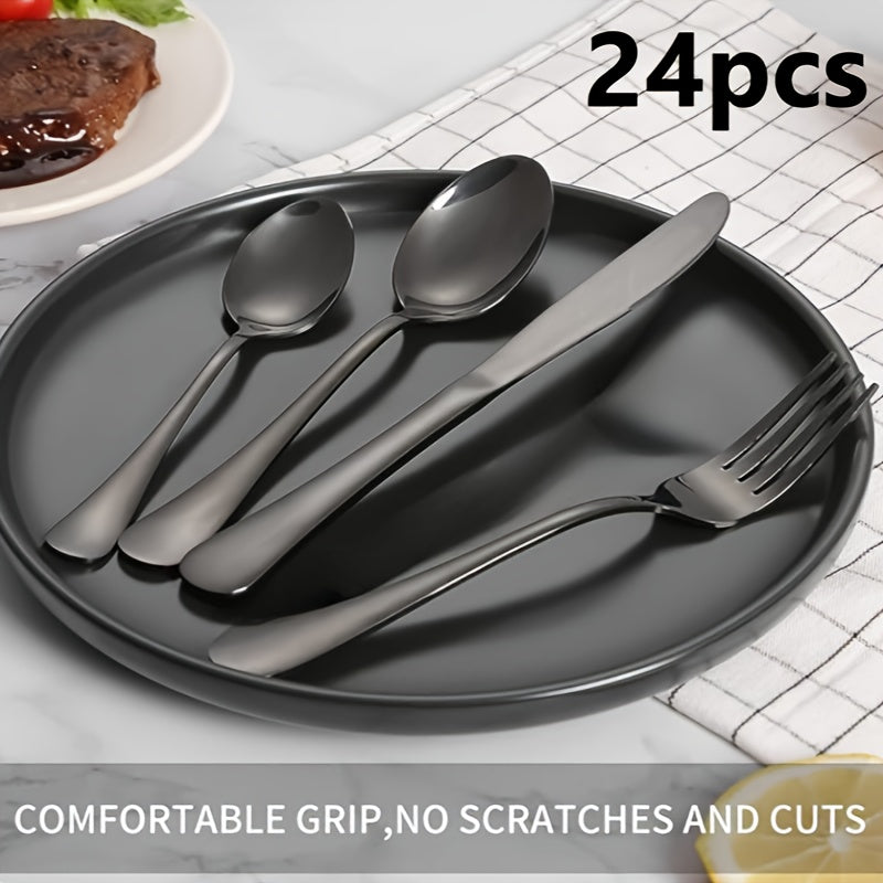 Black 24pcs Set, Stainless Steel Cutlery Set with Mirror Finish, Includes Knife, Spoon, and Fork, Perfect for Weddings, Valentine's Day, and New Year Gifts