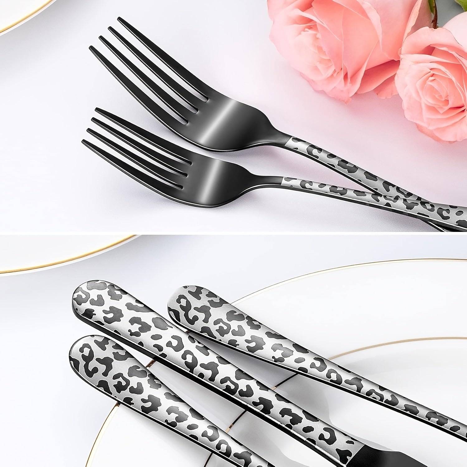 Personalized Black Leopard Print Tableware Set - Stainless Steel Spoon, Fork, Knife - Mirror Polished, Durable, Ideal for Home Kitchen, Holiday Dining | Stylish Cutlery | Durable Utensils, Spoo