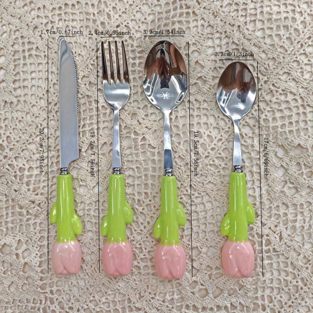 24pcs Unique Ceramic Handle Steak Knife, Dessert Spoon, Fork, and Spoon Tableware Set - Creative Kitchen Tools and Accessories Including Knife, Fork, and Spoon - Very Cute, Suitable for Daily Family Dining, Birthday Parties, and Festival Parties