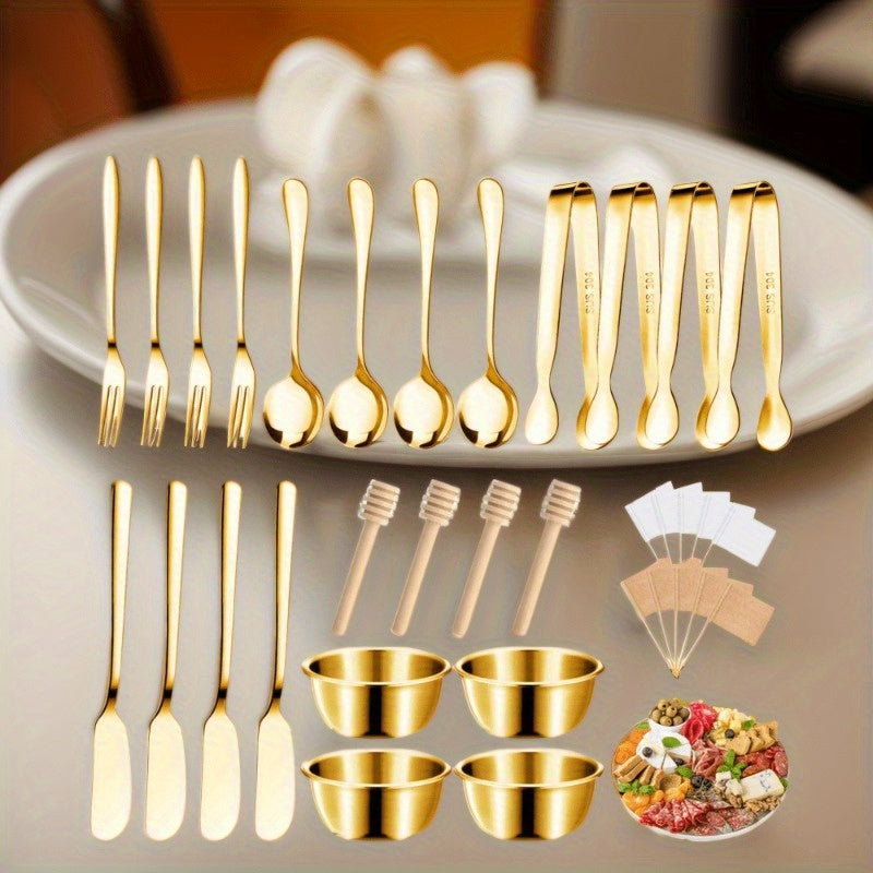 Stainless Steel Knife, Fork, And Spoon Set, Cheese And Butter Spreading Knife Set, With Cutting Board, Fork, Spoon, Cutlery, Toothpicks, And Flags, Suitable For Outdoor Gatherings And Pastry Making
