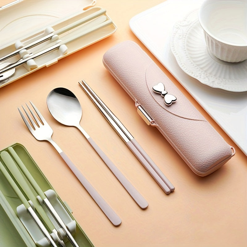 A Set of Bow Tie Portable Cutlery - 3pcs Stainless Steel Utensils with Plastic Handles, Including Spoon, Fork, Chopsticks, And Storage Box - An Attractive Travel Cutlery Set.