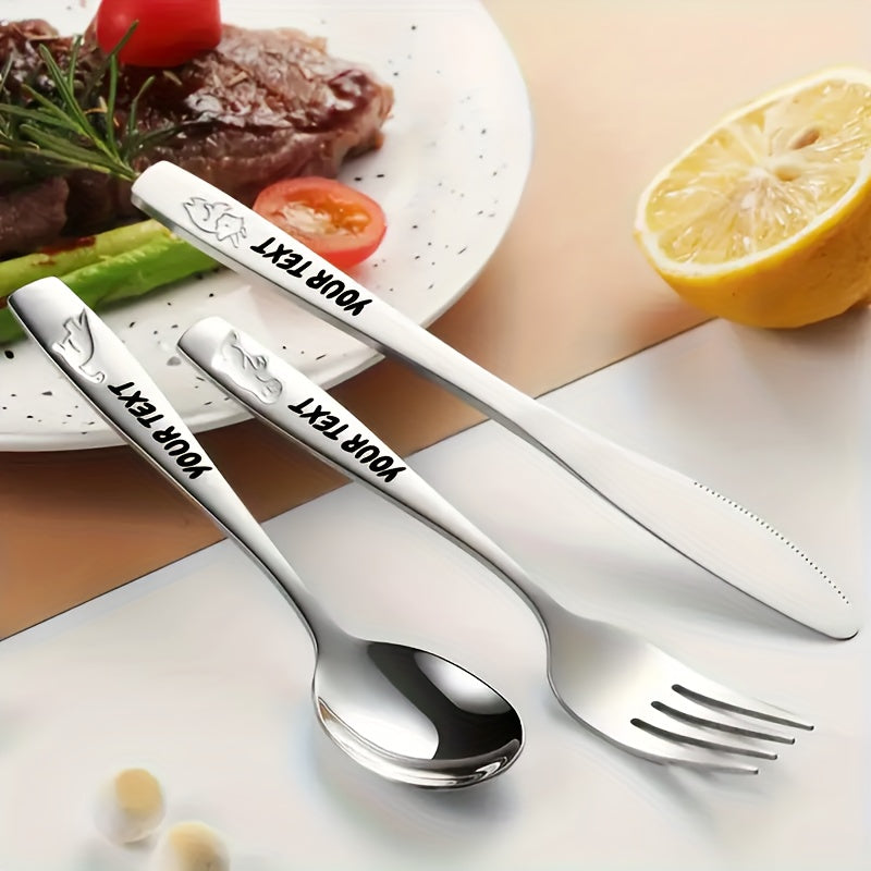 Personalized Stainless Steel Cutlery Set, Custom Carved Name, 3/6/9/12 Dinosaur Pattern Set, Including Knife, Fork, Spoon, And Teaspoon, Suitable for General Dining And Special Occasions