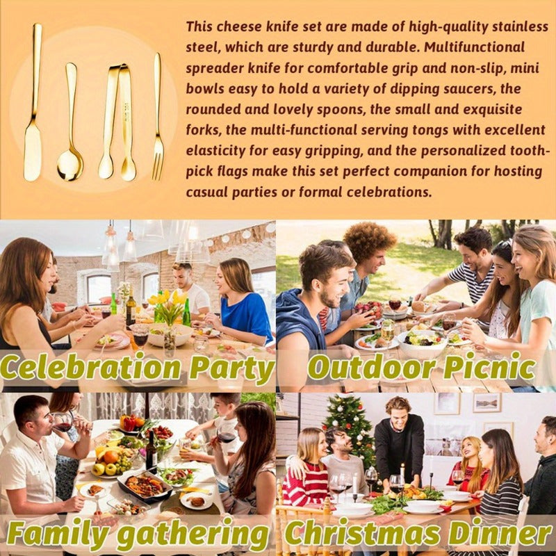 Stainless Steel Knife, Fork, And Spoon Set, Cheese And Butter Spreading Knife Set, With Cutting Board, Fork, Spoon, Cutlery, Toothpicks, And Flags, Suitable For Outdoor Gatherings And Pastry Making
