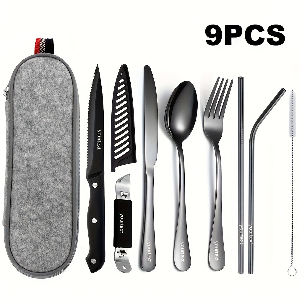 Customize Your Text, 9/10pcs Black Silvery Stainless Steel Outdoor Portable Cutlery Set, Travel Camping Set, Including Knife, Fork, Spoon, Chopsticks, Cleaning Brush, Straw, Bottle Opener, Steak Knife with Knife Cover, Safe And Not Easily Damaged