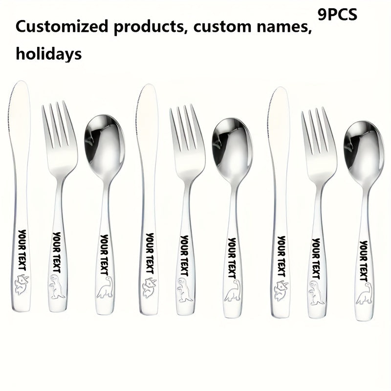 Personalized Stainless Steel Cutlery Set, Custom Carved Name, 3/6/9/12 Dinosaur Pattern Set, Including Knife, Fork, Spoon, And Teaspoon, Suitable for General Dining And Special Occasions