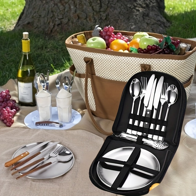Outdoor Camping Tableware Set with Box, 16pcs Stainless Steel Utensils Including Dinner Knife, Forks, Plates, Soup Spoon, Bottle Opener, Coffee Spoon, Tongs and Storage Bag, Reusable and Dishwasher Safe, Suitable for Outdoor Travel, Picnic Camping, Party