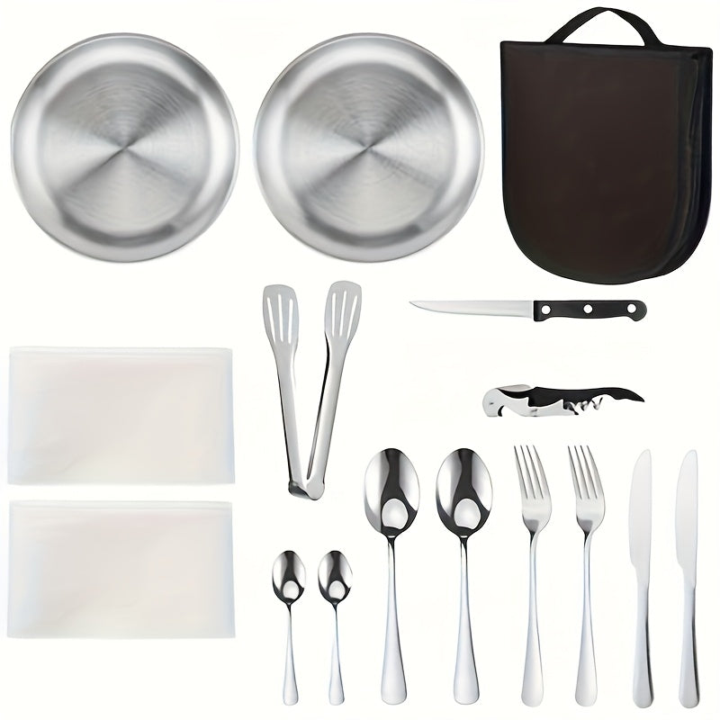 Outdoor Camping Tableware Set with Box, 16pcs Stainless Steel Utensils Including Dinner Knife, Forks, Plates, Soup Spoon, Bottle Opener, Coffee Spoon, Tongs and Storage Bag, Reusable and Dishwasher Safe, Suitable for Outdoor Travel, Picnic Camping, Party