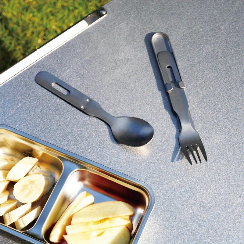 3pcs Stainless Steel Camping Utensil Set with Knife & Bottle Opener - Heavy-Duty Compact Flatware, Detachable & Lightweight (6.3 Inch) - Portable Outdoor Cutlery with Ergonomic Grip, Dishwasher Safe - Ideal for Camping, Hiking, Travel, Emergency Kits -