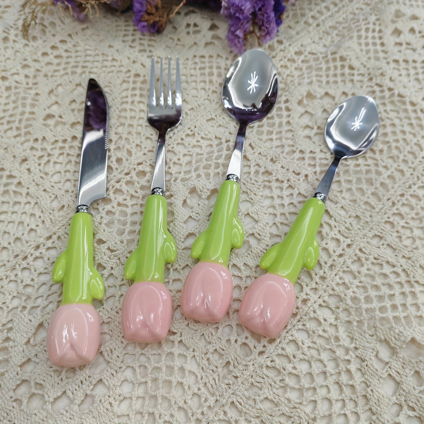 24pcs Unique Ceramic Handle Steak Knife, Dessert Spoon, Fork, and Spoon Tableware Set - Creative Kitchen Tools and Accessories Including Knife, Fork, and Spoon - Very Cute, Suitable for Daily Family Dining, Birthday Parties, and Festival Parties