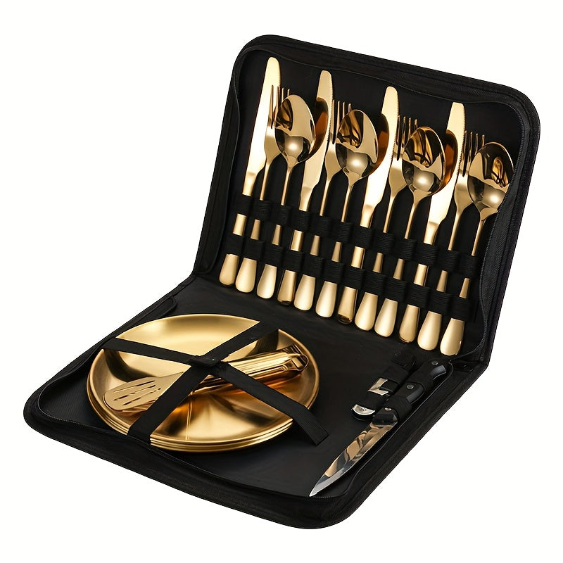 Customize Your Text, 11/20pcs Golden Silvery+Storage Bag Stainless Steel Cutlery Set, Knife, Fork, Spoon, Clip, Bottle Opener, Plate Camping Picnic Barbecue Outdoor Cutlery Camping Picnic Steak Knife Fork Spoon Set