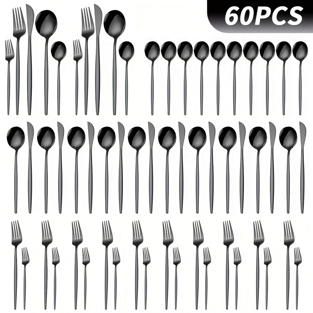 60pcs Luxury Black Stainless Steel Cutlery Set, 12 People Family Hotel Knives Forks Spoons Set With Gift Box, Including Dinner Knives, Dinner Spoons, Dinner Forks, Dessert Spoons, Dessert Forks, Perfect For Banquets, Parties, Restaurants