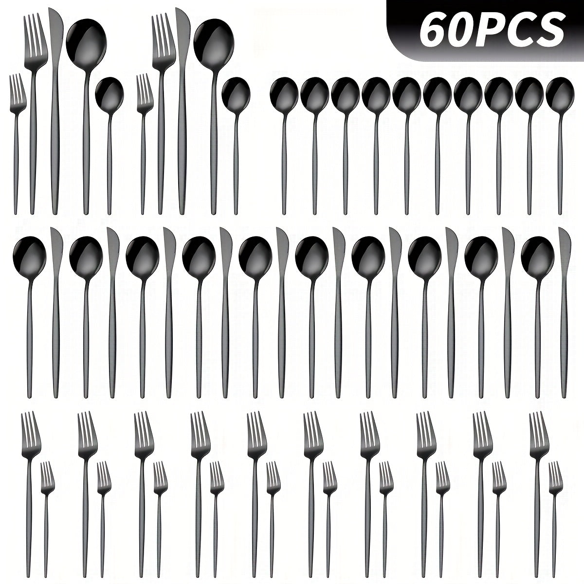 60pcs Luxury Black Stainless Steel Cutlery Set, 12 People Family Hotel Knives Forks Spoons Set With Gift Box, Including Dinner Knives, Dinner Spoons, Dinner Forks, Dessert Spoons, Dessert Forks, Perfect For Banquets, Parties, Restaurants