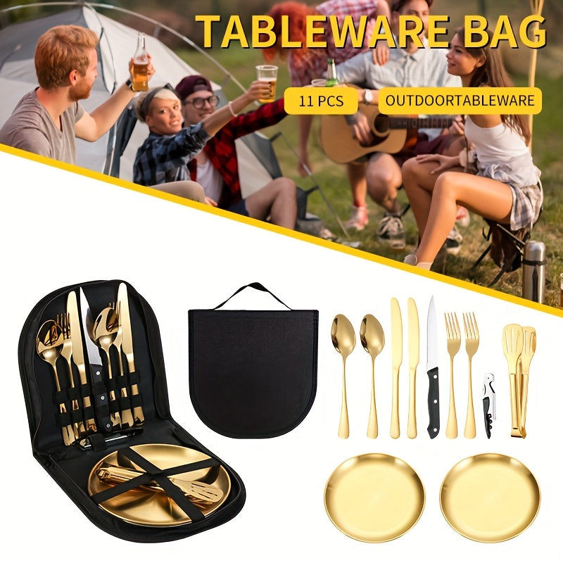 Customize Your Text, 11/20pcs Golden Silvery+Storage Bag Stainless Steel Cutlery Set, Knife, Fork, Spoon, Clip, Bottle Opener, Plate Camping Picnic Barbecue Outdoor Cutlery Camping Picnic Steak Knife Fork Spoon Set