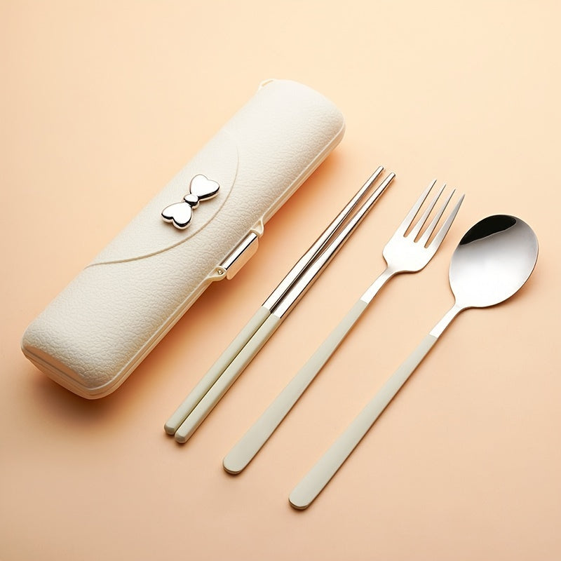 A Set of Bow Tie Portable Cutlery - 3pcs Stainless Steel Utensils with Plastic Handles, Including Spoon, Fork, Chopsticks, And Storage Box - An Attractive Travel Cutlery Set.