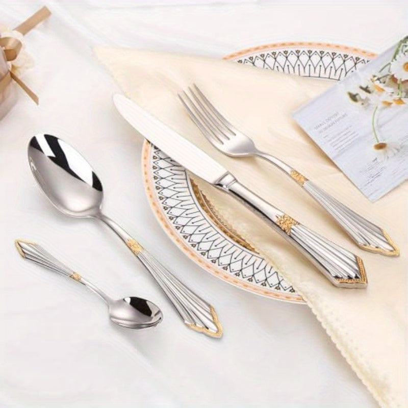 24pcs Luxury Flatware Set in Silvery Color with Golden Accents Premium 304 Stainless Steel Flatware Cutlery and Tableware. Serving 6.