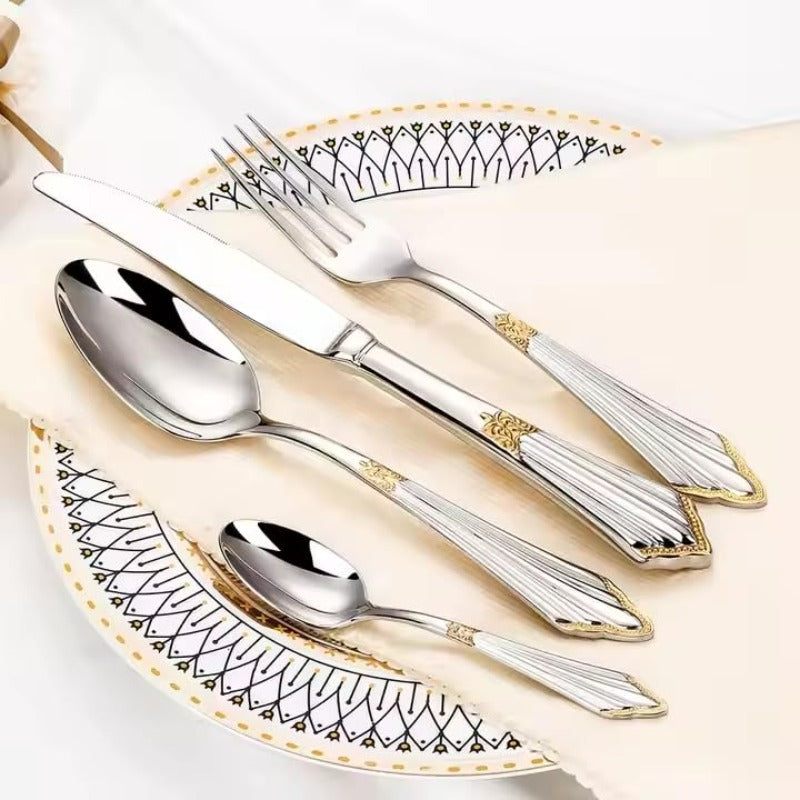 24pcs Luxury Flatware Set in Silvery Color with Golden Accents Premium 304 Stainless Steel Flatware Cutlery and Tableware. Serving 6.
