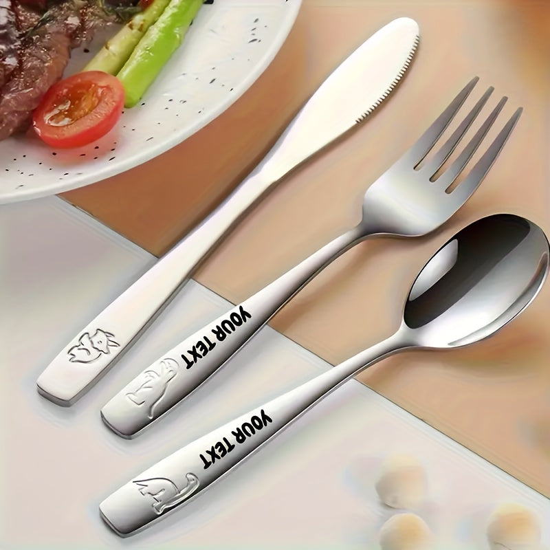 Personalized Stainless Steel Cutlery Set, Custom Carved Name, 3/6/9/12 Dinosaur Pattern Set, Including Knife, Fork, Spoon, And Teaspoon, Suitable for General Dining And Special Occasions
