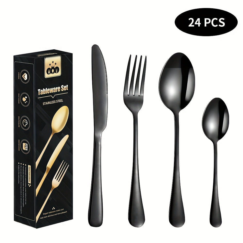 Black 24pcs Set, Stainless Steel Cutlery Set with Mirror Finish, Includes Knife, Spoon, and Fork, Perfect for Weddings, Valentine's Day, and New Year Gifts