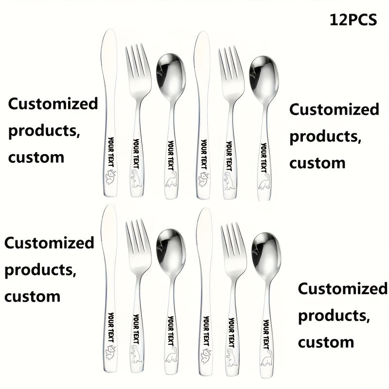 Personalized Stainless Steel Cutlery Set, Custom Carved Name, 3/6/9/12 Dinosaur Pattern Set, Including Knife, Fork, Spoon, And Teaspoon, Suitable for General Dining And Special Occasions