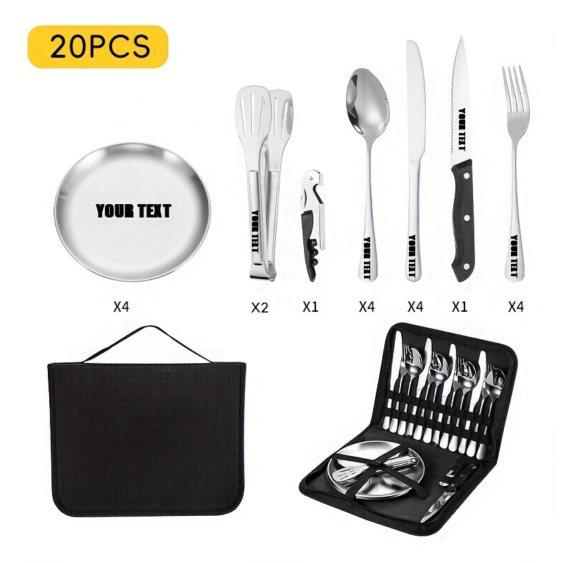 Customize Your Text, 11/20pcs Golden Silvery+Storage Bag Stainless Steel Cutlery Set, Knife, Fork, Spoon, Clip, Bottle Opener, Plate Camping Picnic Barbecue Outdoor Cutlery Camping Picnic Steak Knife Fork Spoon Set