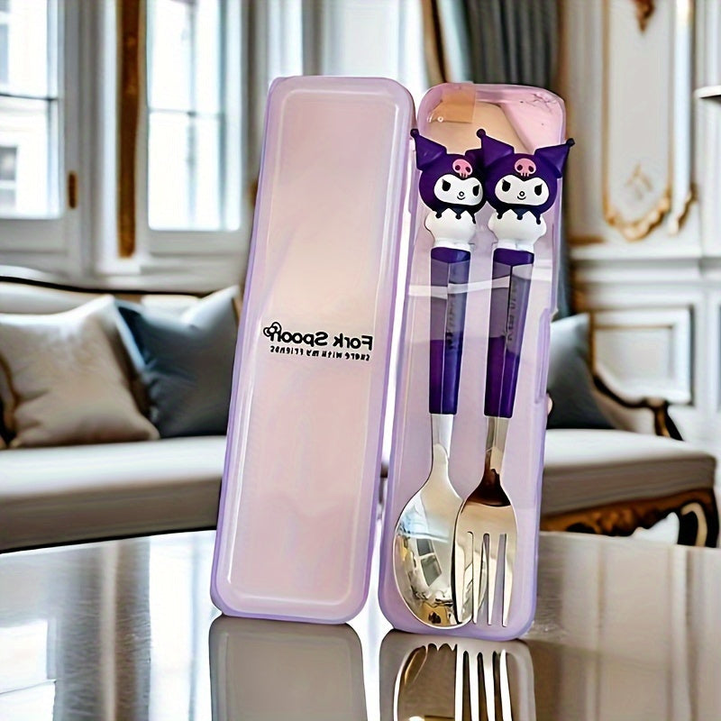 () Sanrio Cute Black Cat Maruko-chan and Hello Kitty Cartoon Spoon and Fork Set: Stainless Steel Kitchenware, 2pcs Set, Suitable for Restaurants and Food Trucks
