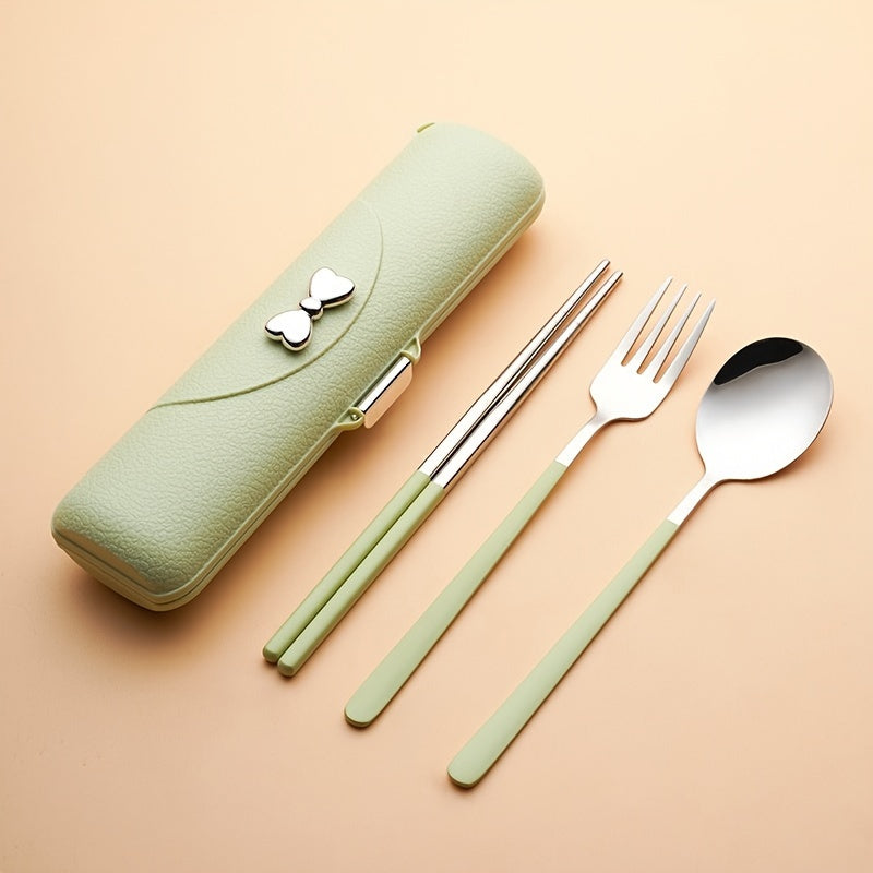 A Set of Bow Tie Portable Cutlery - 3pcs Stainless Steel Utensils with Plastic Handles, Including Spoon, Fork, Chopsticks, And Storage Box - An Attractive Travel Cutlery Set.