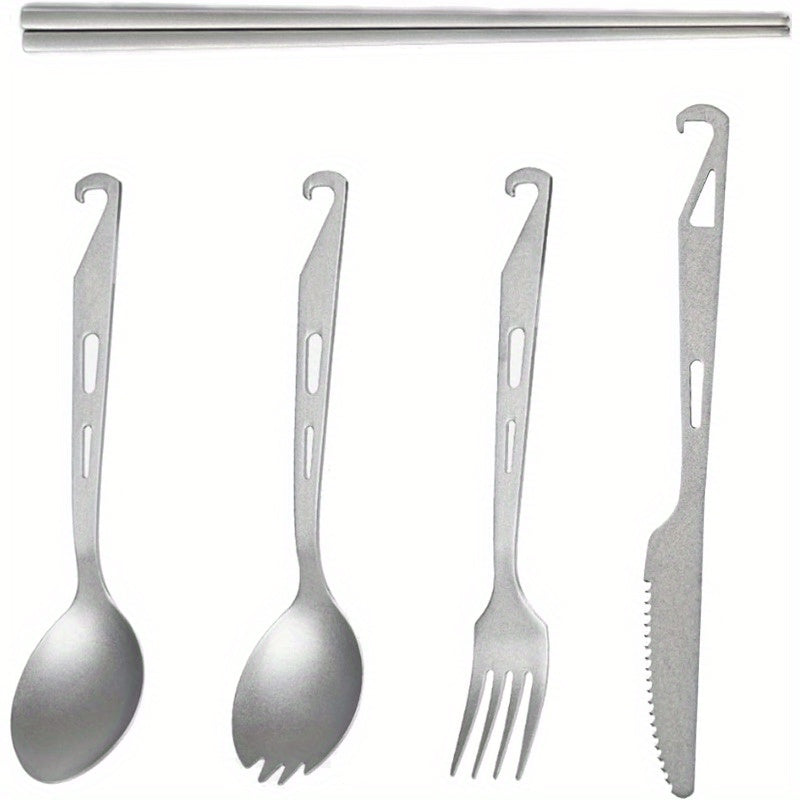 Titanium Camping Utensil Set 5pcs Lightweight Knife Fork Spoon Spork and Chopsticks UltraDurable for Backpac Backpacking Adventures, Hiking Gear, Backpacking Essentials, Mini Utensils, Spork Design, Smooth Finish, Topgrade Material, Multiuse Spoon,