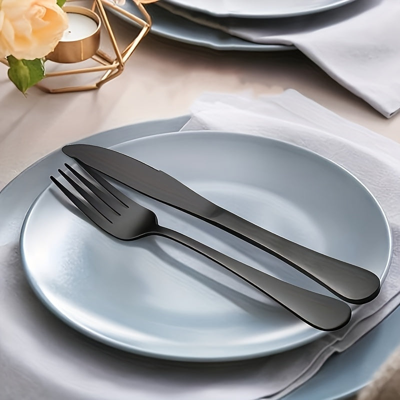 Black 24pcs Set, Stainless Steel Cutlery Set with Mirror Finish, Includes Knife, Spoon, and Fork, Perfect for Weddings, Valentine's Day, and New Year Gifts