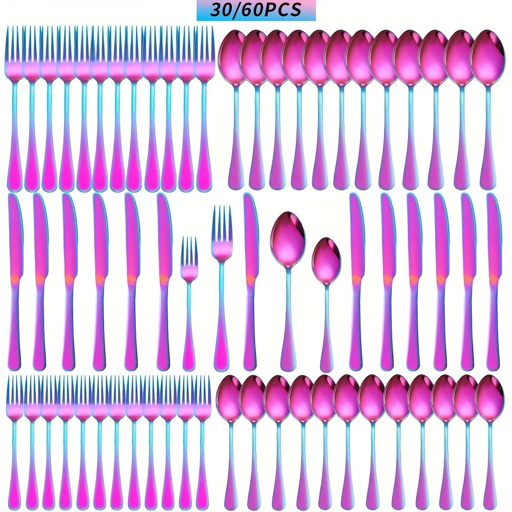 [Rainbow Cutlery Set] 60/30pcs Stainless Steel Cutlery Set | Mirror Polished Flatware Set for 12 People, Dishwasher Safe, Includes Dinner Knives×12, Dinner Spoons×12, Dinner Forks×12, Dessert Spoons×12, Dessert Forks×12 - Ideal for Homes, Restaurants, and