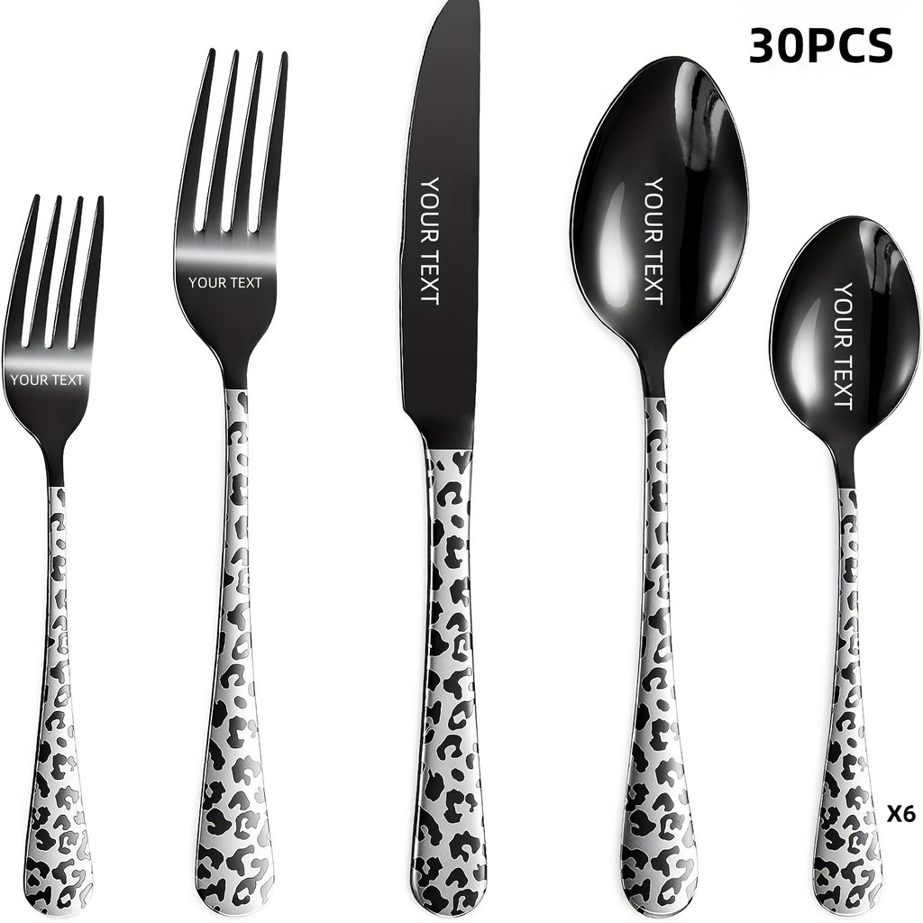Personalized Black Leopard Print Tableware Set - Stainless Steel Spoon, Fork, Knife - Mirror Polished, Durable, Ideal for Home Kitchen, Holiday Dining | Stylish Cutlery | Durable Utensils, Spoo