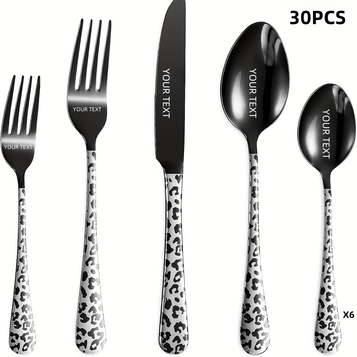 Personalized Black Leopard Print Tableware Set - Stainless Steel Spoon, Fork, Knife - Mirror Polished, Durable, Ideal for Home Kitchen, Holiday Dining | Stylish Cutlery | Durable Utensils, Spoo