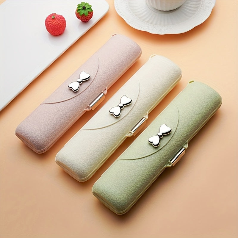 A Set of Bow Tie Portable Cutlery - 3pcs Stainless Steel Utensils with Plastic Handles, Including Spoon, Fork, Chopsticks, And Storage Box - An Attractive Travel Cutlery Set.
